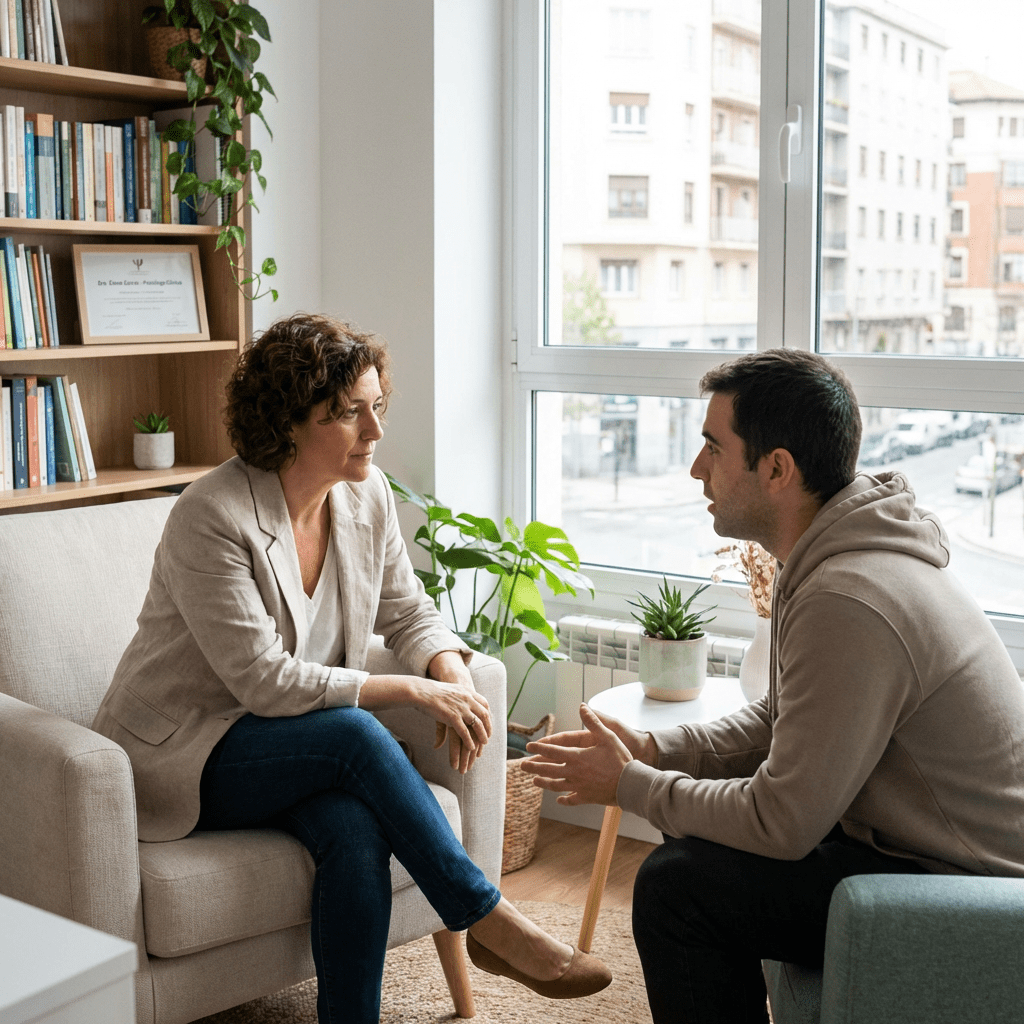 A female therapist and a young man having a conversation in a bright office setting.
