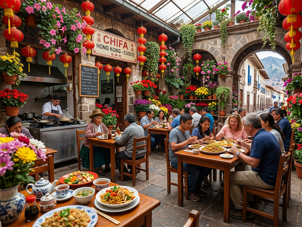 Bustling Chifa Restaurant in Historic Cusco People dining at tables in a colorful Chifa restaurant courtyard in Cusco with hanging lanterns and flowers